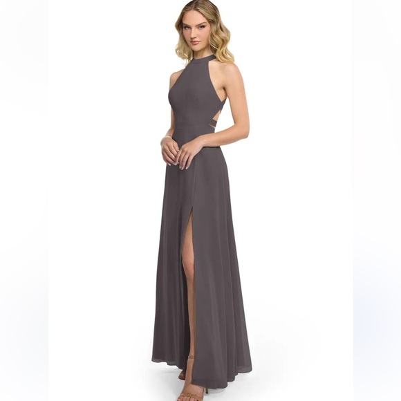 NWT AZAZIE Bridesmaid Clarice Steel Grey Halter Chiffon Dress Open Back Size 2 - Picture 3 of 10